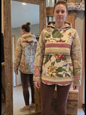 Upcycled Quilt Blanket Hoodie M-L Flowers & Stripes Dont Throw It Out